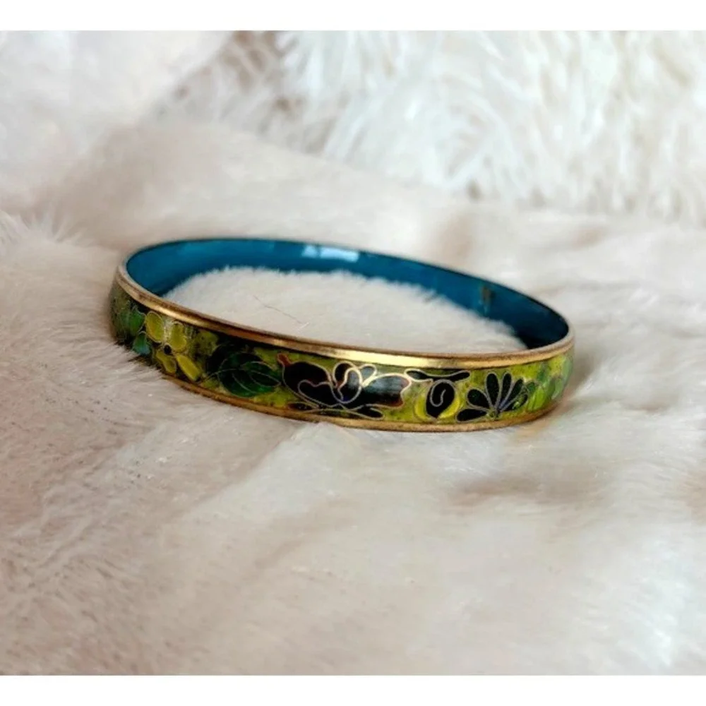 Vintage Cloisonne‎ Bangle Floral Green Teal Enamel Brass Bracelet Earth Tones